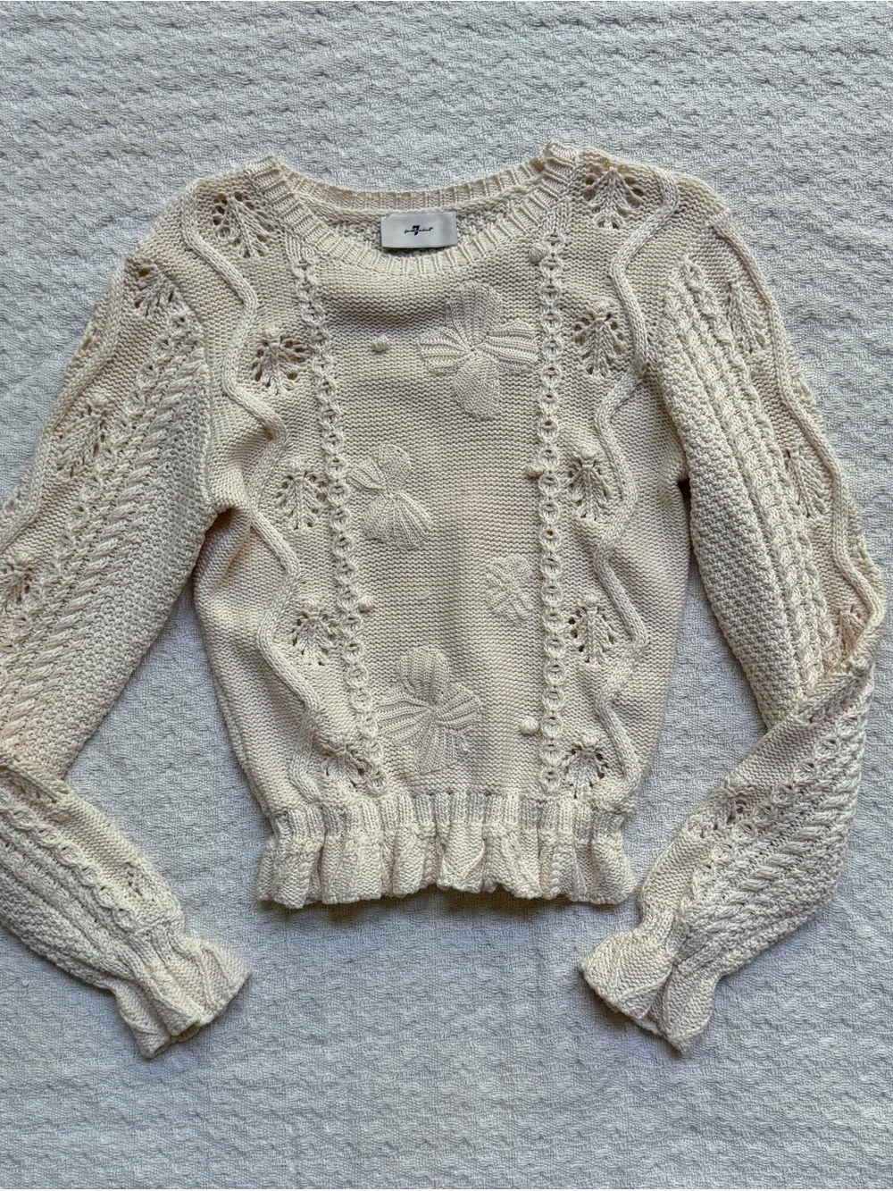 7 For All Mankind Bobble Sweater Cream Knit Floral Cable-Detail Sweater